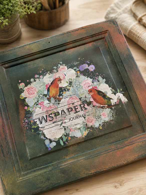 Transfert Le Serment appliqué sur une porte de meuble de en bois